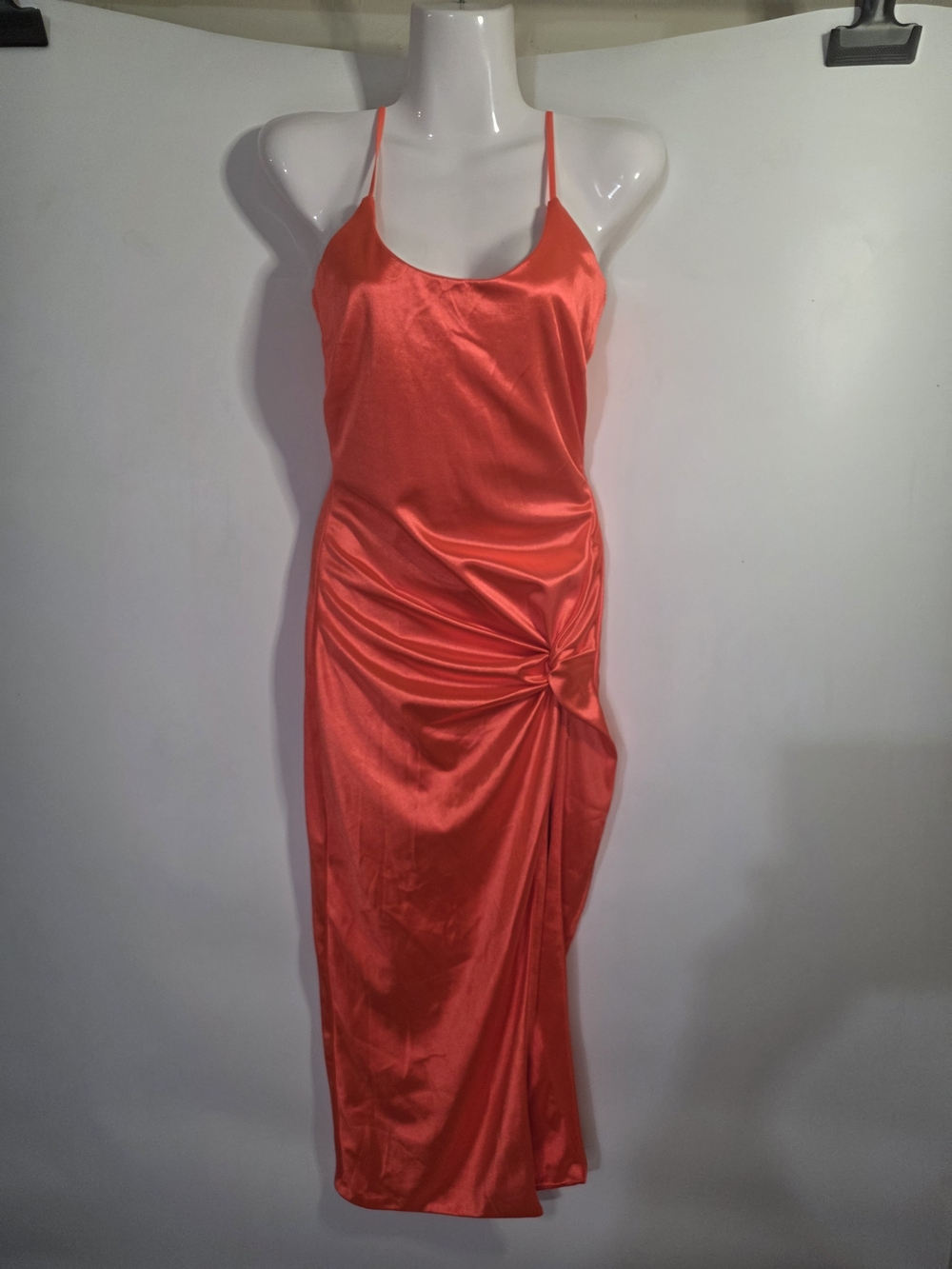 JLUXLABEL Coral-Red Satin Slip Dress with Side Knot Detail Size S.